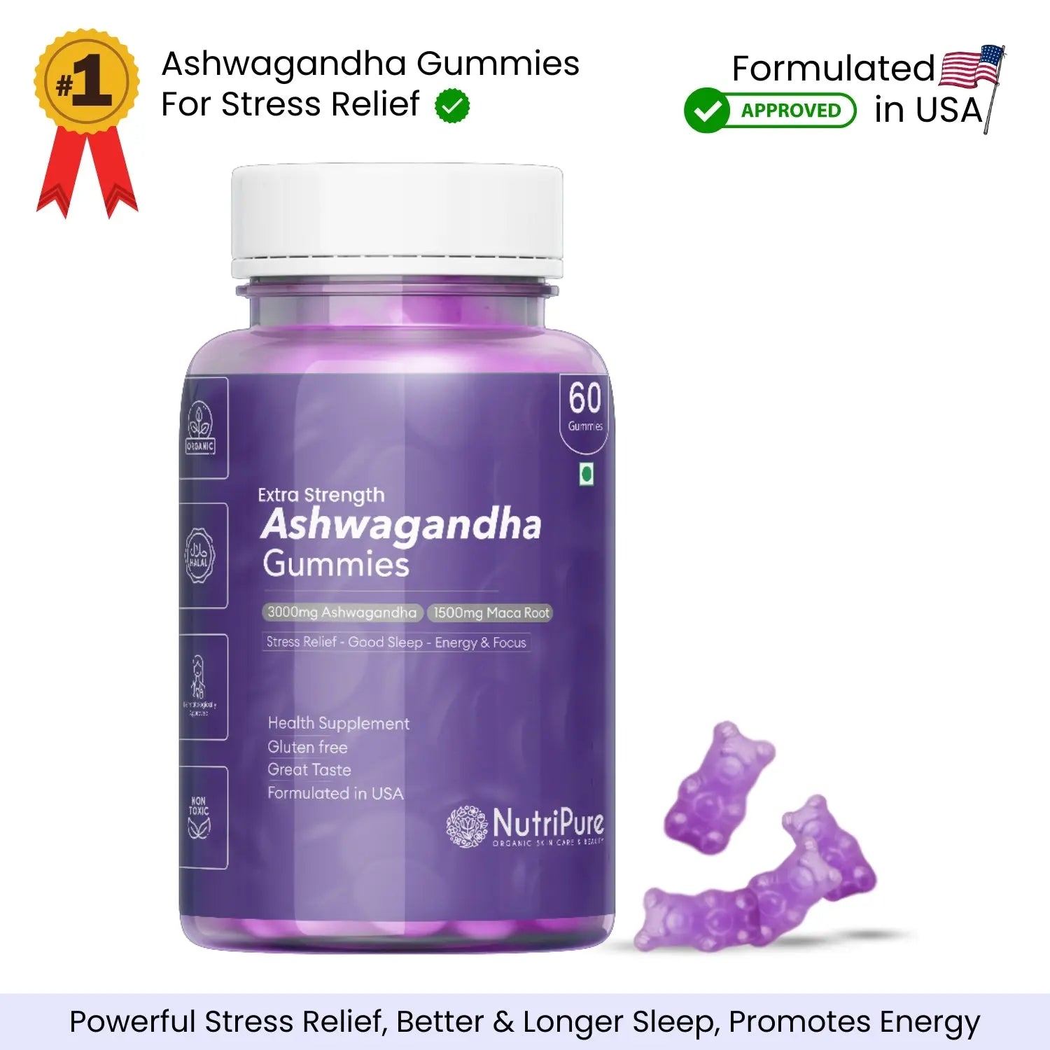 Ashwagandha Gummies For Stress Relief - Good Sleep - Energy & Focus Nutripure